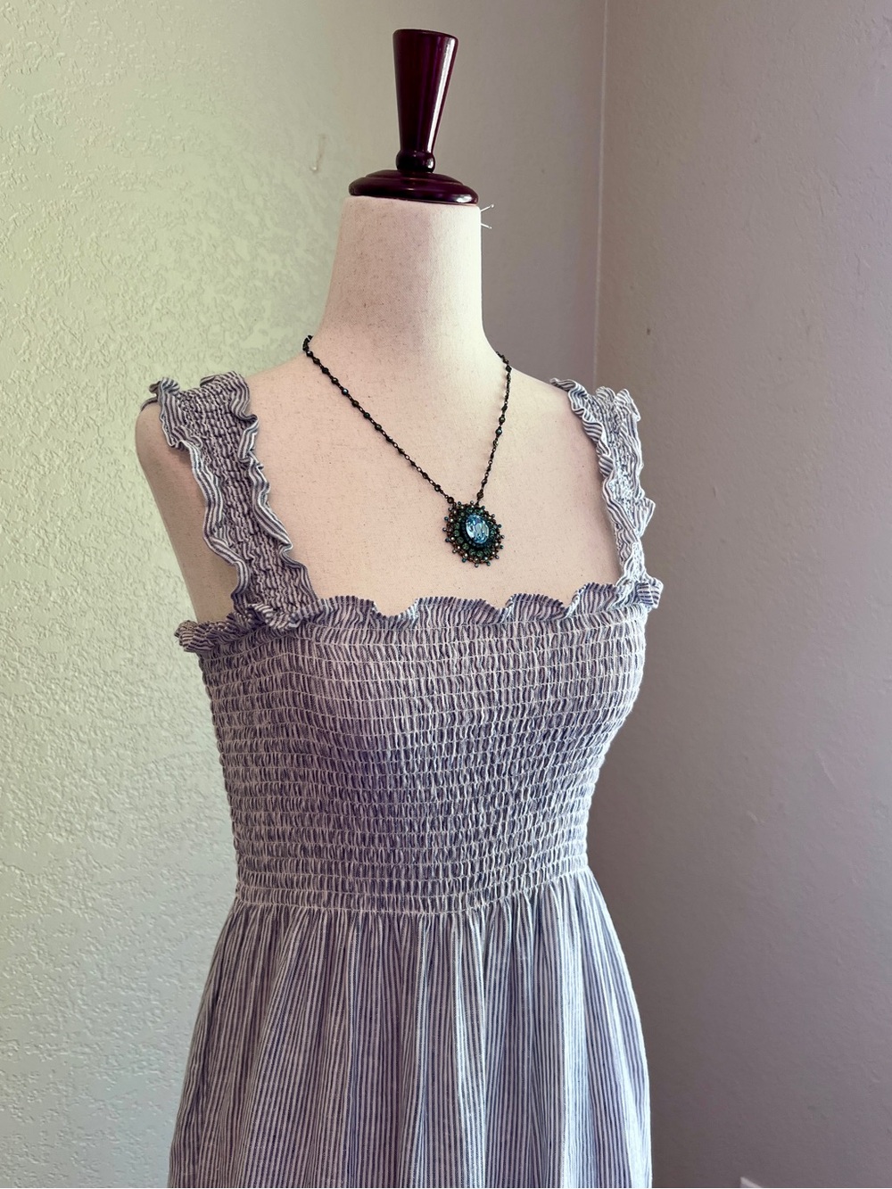 Quince 100% Linen Blue Pinstripe Smocked Midi Dress SMALL - Picture 3 of 15